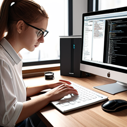 Home 15 **A translator working at a modern desk, utilizing CAT software on a computer. The scene conveys efficiency and precision, surrounded by technical documents and language resources.**
