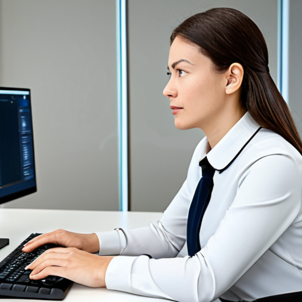 A focused professional female translator, mid-career, dressed in a modern, modest business blouse and tailored trousers. She is seated at a sleek, minimalist desk in a bright, contemporary office space. On the desk, a large computer monitor displays a professional Computer-Assisted Translation (CAT) tool interface, subtly indicating AI-assisted suggestions. Her expression is concentrated and thoughtful, with hands resting naturally on the keyboard. This image emphasizes efficiency and technological integration in the translation profession. Perfect anatomy, correct proportions, natural pose, well-formed hands, proper finger count, natural body proportions, professional photography, high quality, studio lighting, sharp focus. Professional dress, fully clothed, modest clothing, appropriate attire, safe for work, appropriate content, family-friendly.
