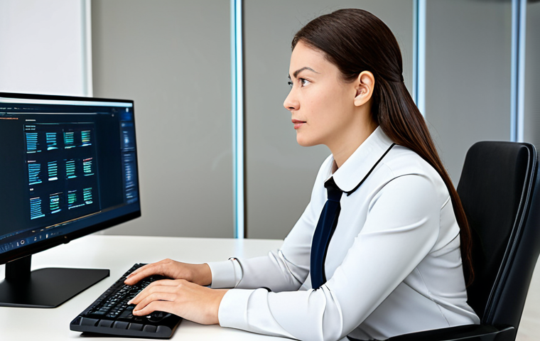 A focused professional female translator, mid-career, dressed in a modern, modest business blouse and tailored trousers. She is seated at a sleek, minimalist desk in a bright, contemporary office space. On the desk, a large computer monitor displays a professional Computer-Assisted Translation (CAT) tool interface, subtly indicating AI-assisted suggestions. Her expression is concentrated and thoughtful, with hands resting naturally on the keyboard. This image emphasizes efficiency and technological integration in the translation profession. Perfect anatomy, correct proportions, natural pose, well-formed hands, proper finger count, natural body proportions, professional photography, high quality, studio lighting, sharp focus. Professional dress, fully clothed, modest clothing, appropriate attire, safe for work, appropriate content, family-friendly.