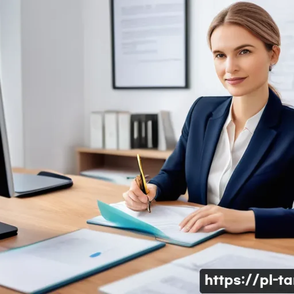 통번역사 번역 경력 관리 - **Prompt:** A professional Polish female translator in her late 30s, confidently seated at a modern,...