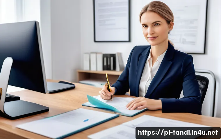 통번역사 번역 경력 관리 - **Prompt:** A professional Polish female translator in her late 30s, confidently seated at a modern,...
