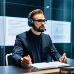 Home 21 통번역사 통역 품질 보장 - A professional conference scene showing a simultaneous interpreter working inside a modern, soundpro...