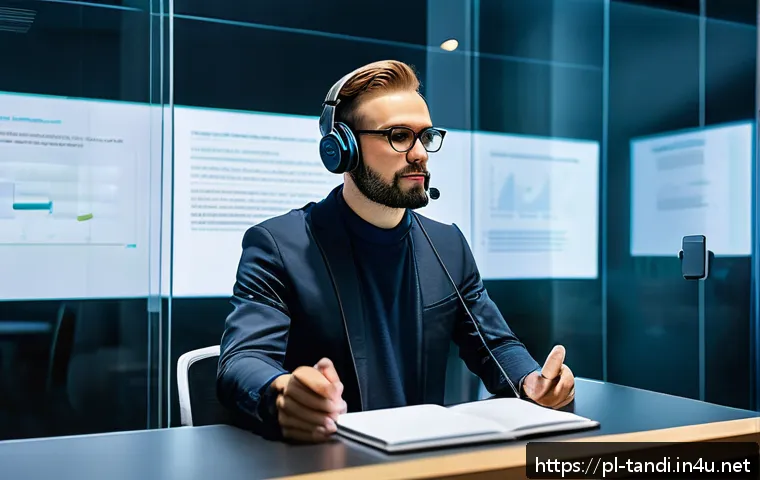 통번역사 통역 품질 보장 - A professional conference scene showing a simultaneous interpreter working inside a modern, soundpro...