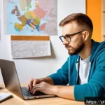 Home 19 통번역사 이론 공부 방법 - A cozy study room scene featuring a Polish translator sitting at a wooden desk with a laptop, surrou...