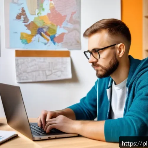 Home 31 통번역사 이론 공부 방법 - A cozy study room scene featuring a Polish translator sitting at a wooden desk with a laptop, surrou...