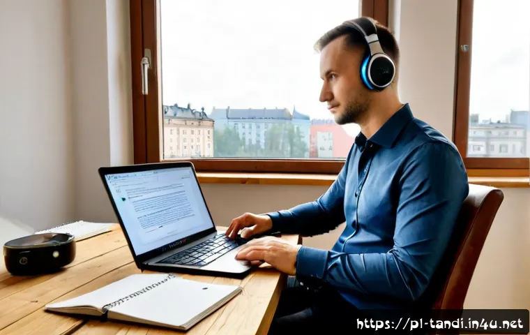 Home 17 통번역사 통역 커뮤니티 활용법 - Photorealistic home office scene in Warsaw, Poland: a professional Polish interpreter wearing smart ...